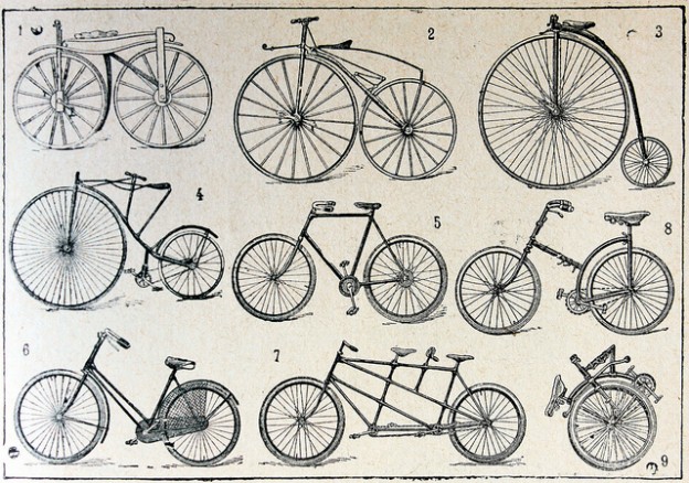 Nine different vintage bicycles
