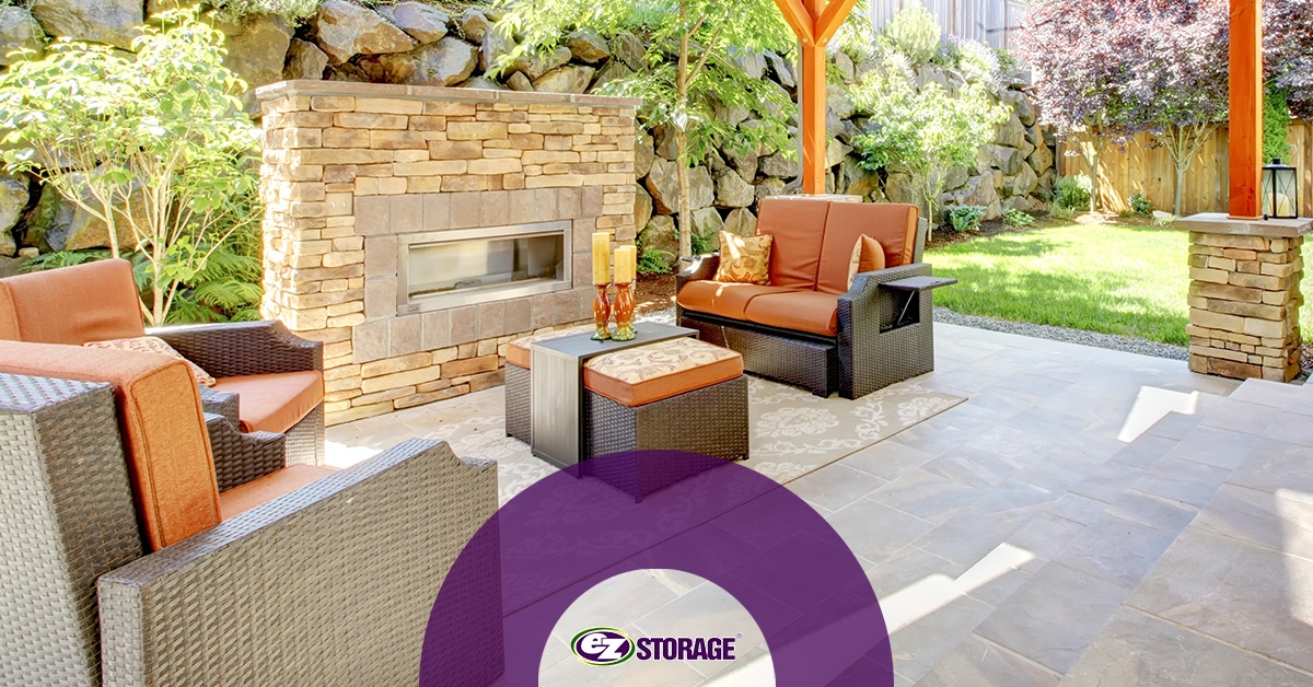 Furnished outdoor patio with fireplace