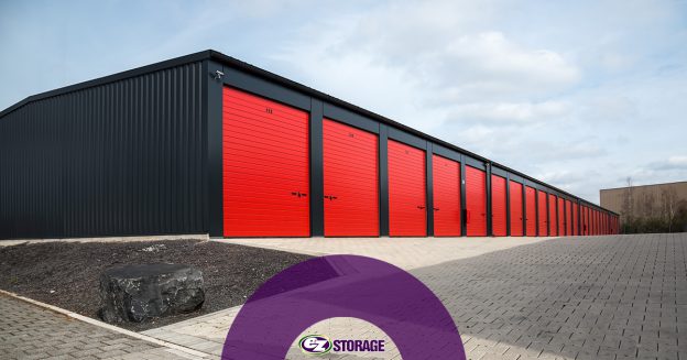 Outdoor storage units with red doors