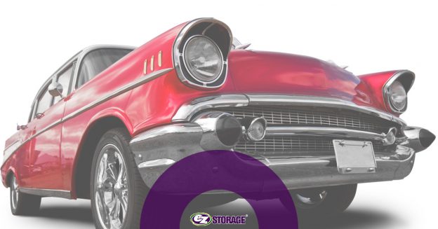 Red antique car with EZ Storage logo