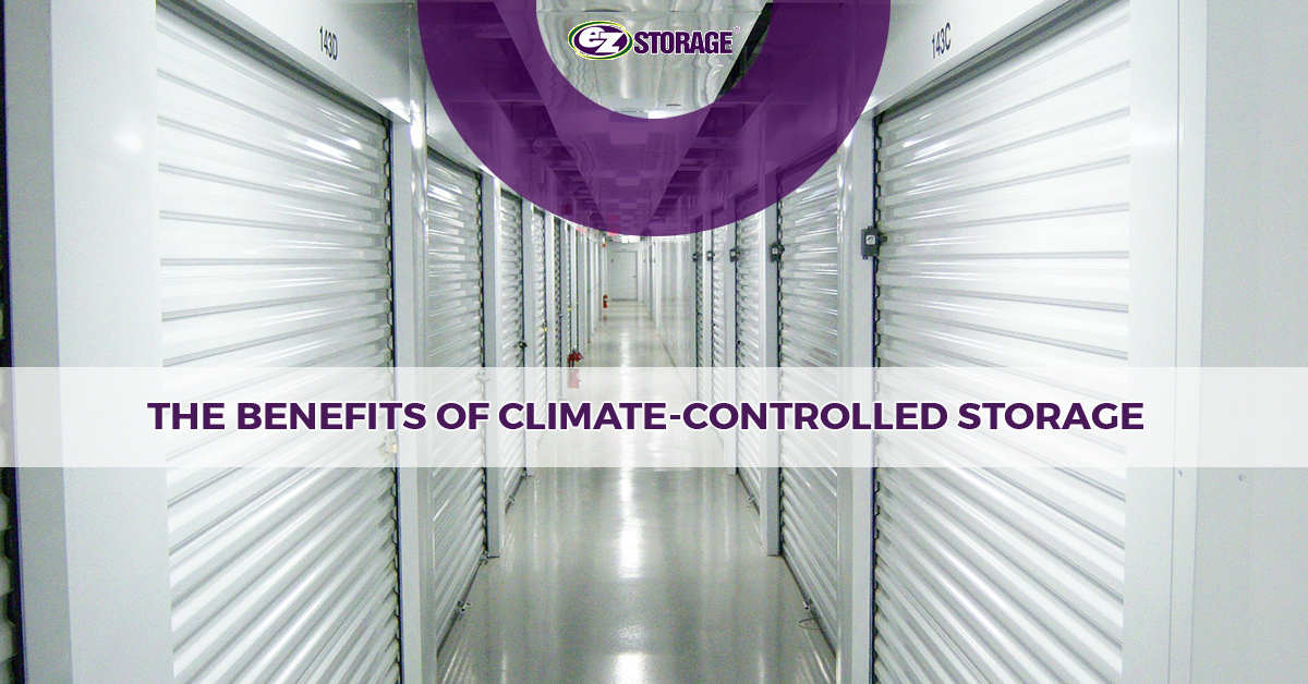 White interior storage units with text "The benefits of climate-controlled storage"