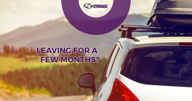 White SUV with camping gear and text "Leaving for a few months?" and EZ Storage logo