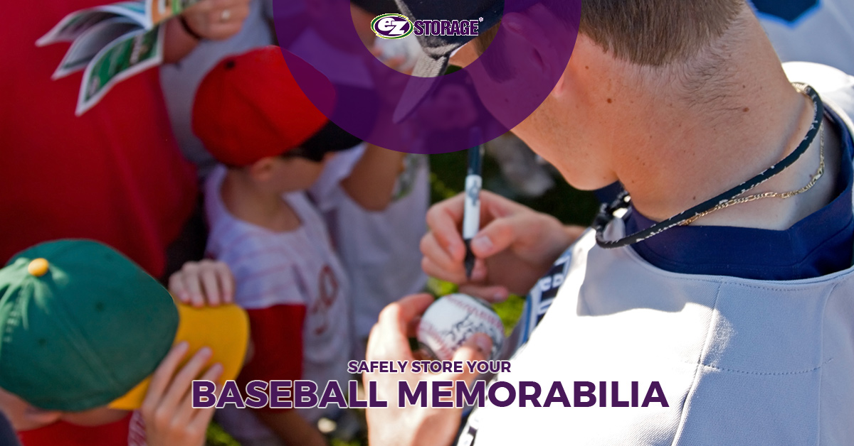 Baseball player autographing a baseball with text "safely store your baseball memorabilia"