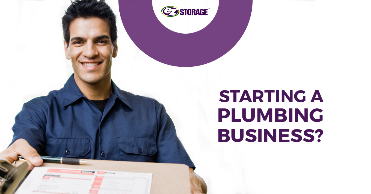 Plumber smiling holding a clipboard with text "starting a plumbing business?"