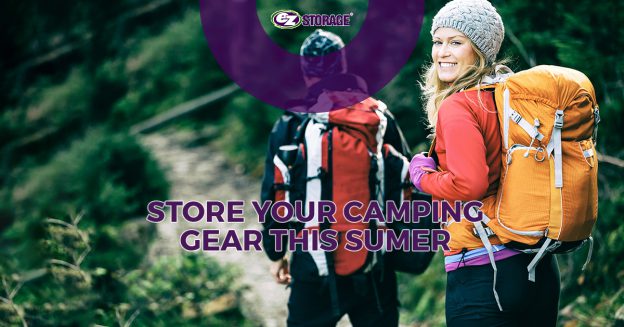 Two campers walking with text "store your camping gear this summer"