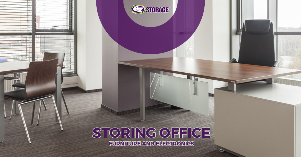 Furnished office with text "storing office furniture and electronics"