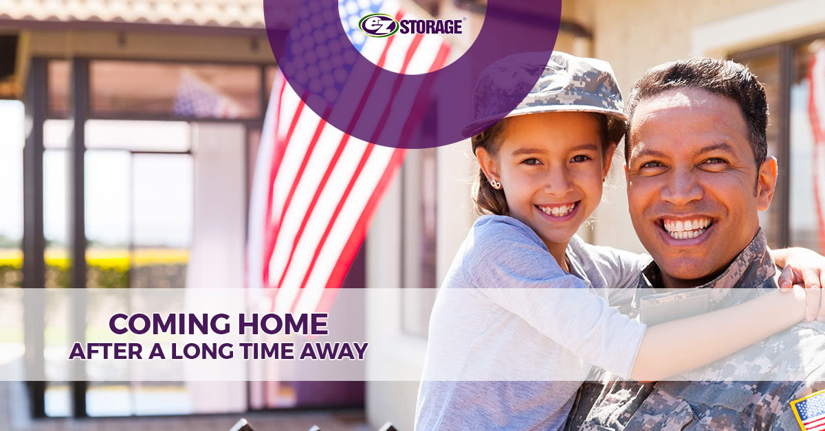 Young girl hugging military father with text "coming home after a long time away"