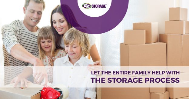 Family of four packing boxes with text "let the entire family help with the storage process"
