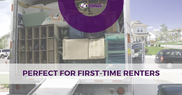 Furniture inside moving truck with text "perfect for first time renters"
