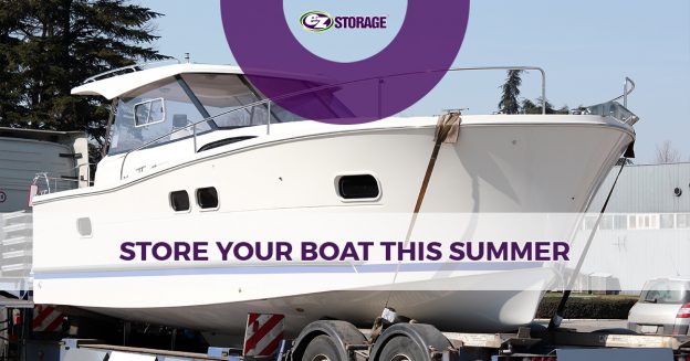 Boat on a trailer with text "store your boat this summer"