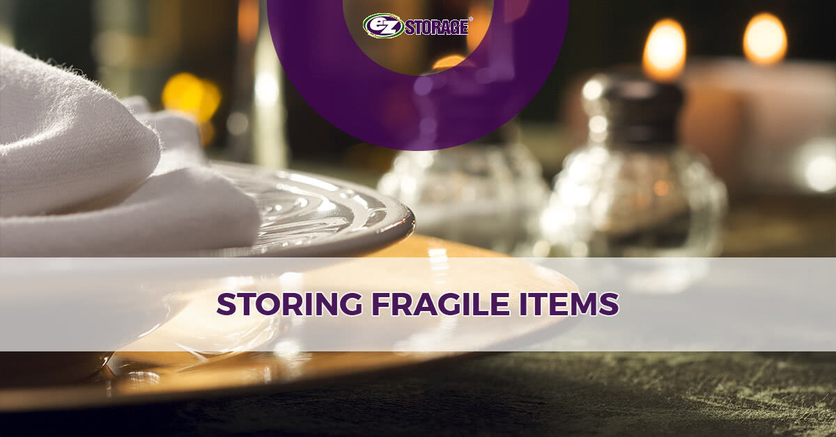 Ceramic and glass tableware with text "storing fragile items"