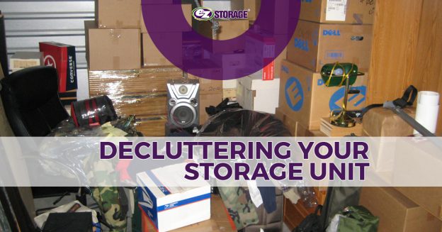 Crowded storage unit with text "declutter your storage unit
