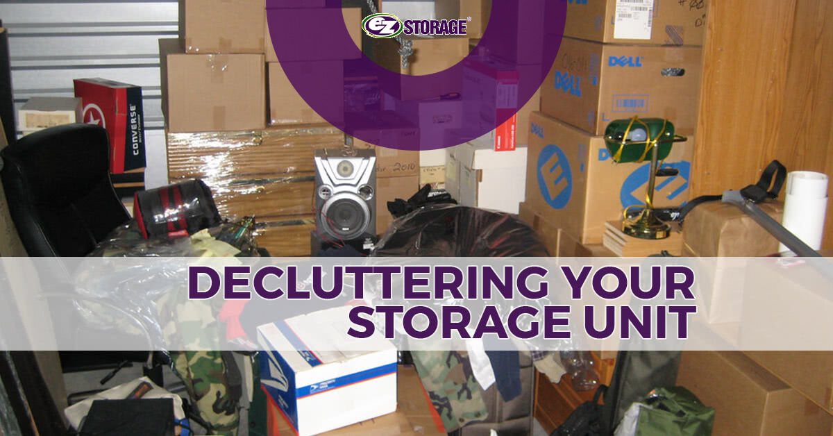 Crowded storage unit with text "declutter your storage unit