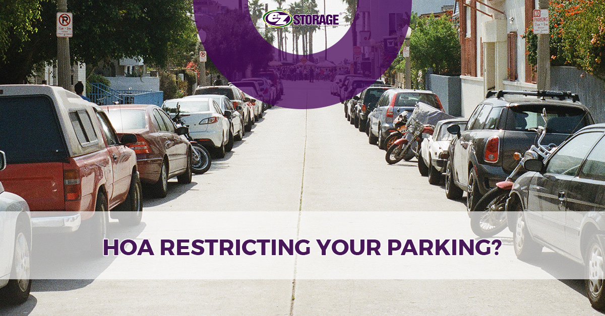 Parked cars on the street with text "HOA restricting your parking"