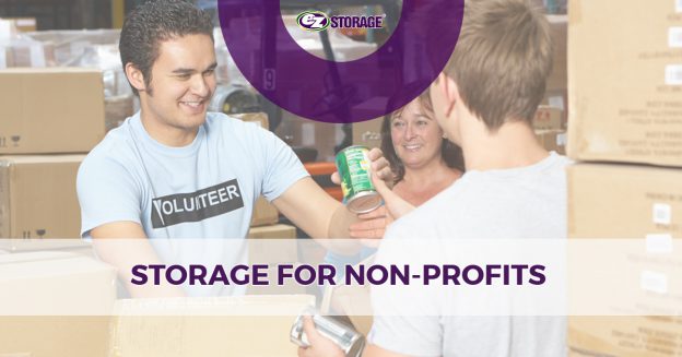 Volunteer working handing canned goods with text "storage for nonprofits"
