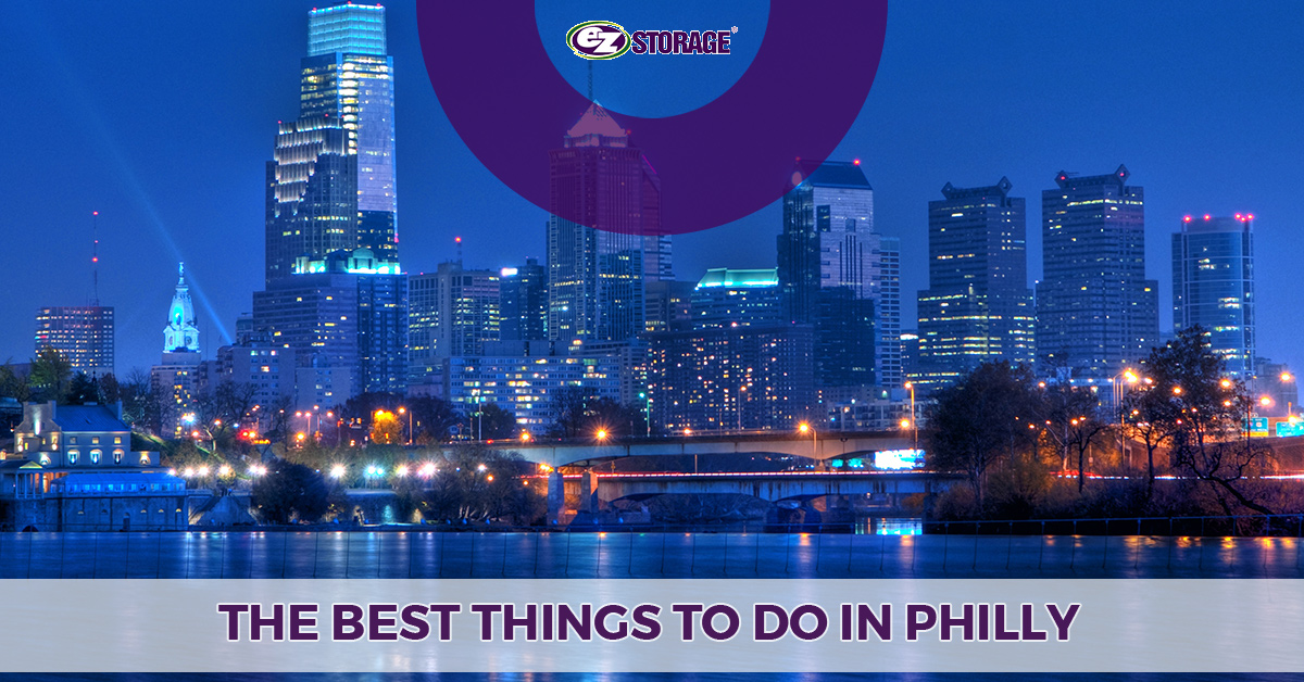 Philadelphia night skyline with text "the best things to do in philly"