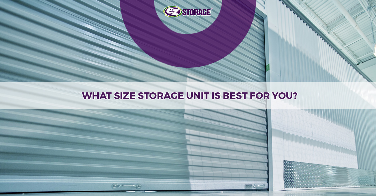 White storage unit with EZ Storage logo and text "What Size Storage Unit is Best For You?"