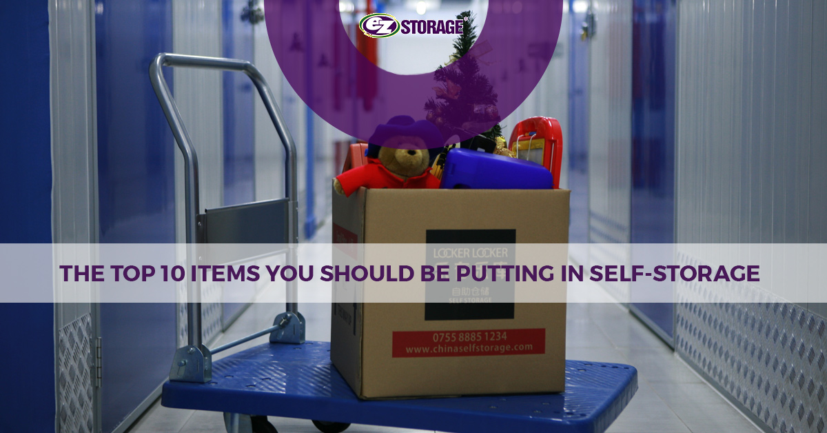 Boxed filed with toys on a push cart trolly and text "The top 10 items you should be putting in self-storage"