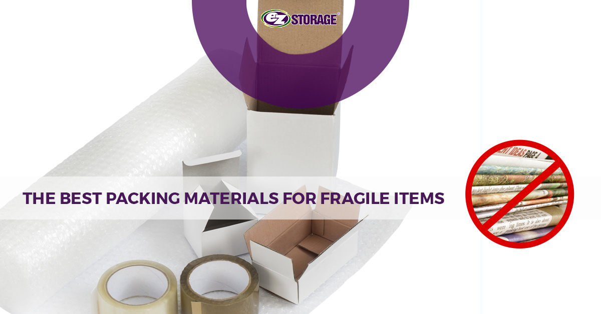 Bubble wrap, tape and boxes with text "the best packing materials for fragile items"