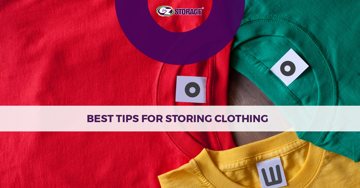 Three different colored shirts laid out with text "best tips for storing clothing"