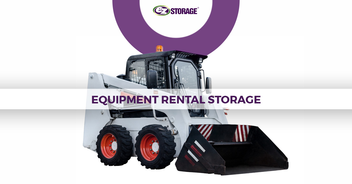 Bobcat skid-steer loader vehicle with text "equipment rental storage"