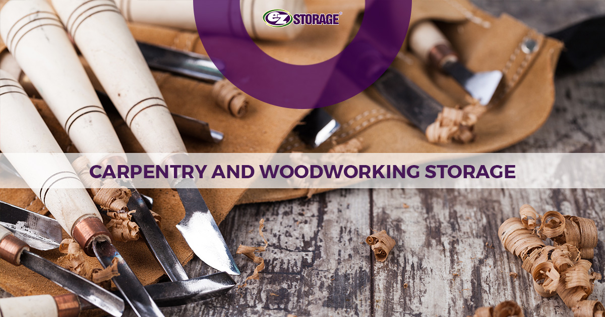 Tools for woodwork laid out on a table with text "capentry and woodworking storage"