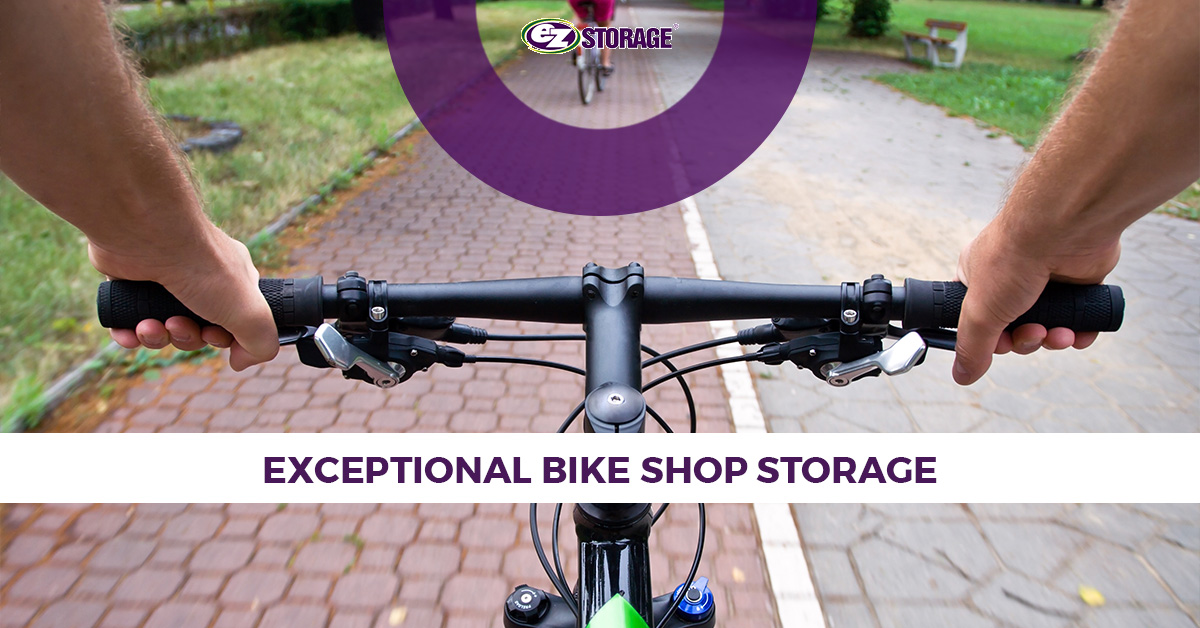 Man riding bike with text "exceptional bike shop storage"