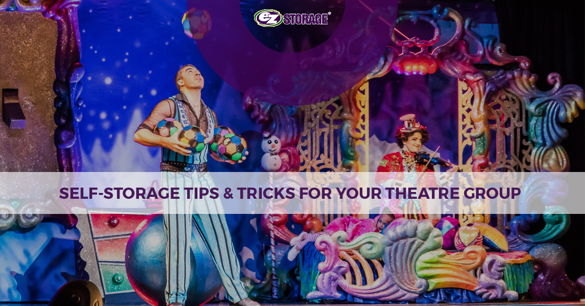 Theatre performers on stage performing with text "self-storage tips and tricks for your theatre group"