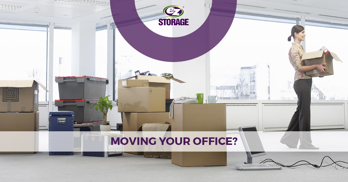 Woman holding a box and several other boxes and containers with office equipment with text "moving your office?"