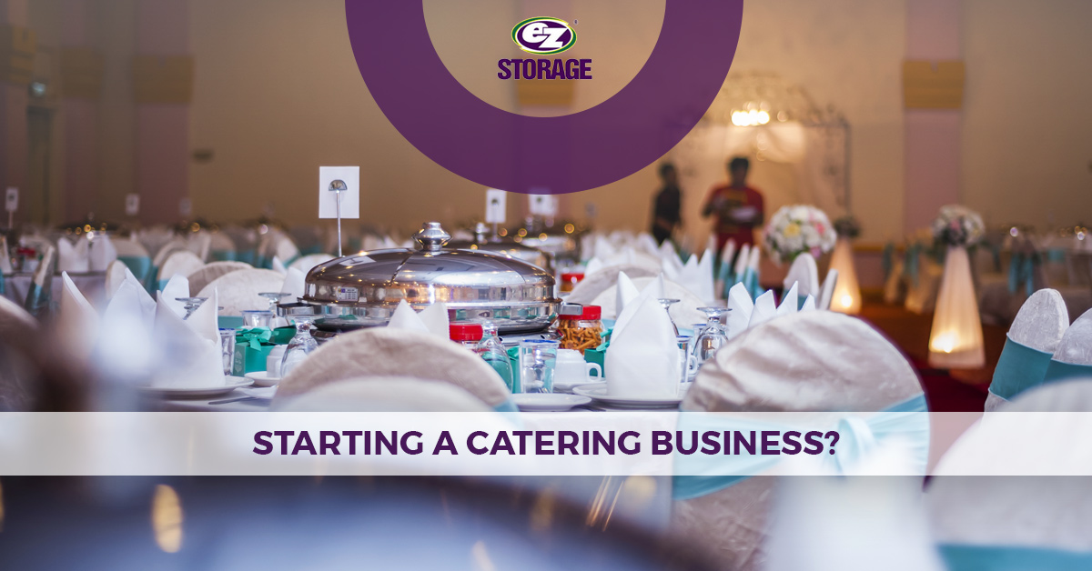 Wedding table with food setup with EZ Storage logo and text "Starting a Catering Business?"