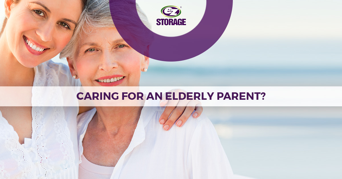 Mother and daughter holding each other smiling with text "caring for an elderly parent?"