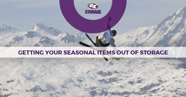 Skiier in the mountains with EZ Storage logo and text "Getting Your Seasonal Items Out of Storage"