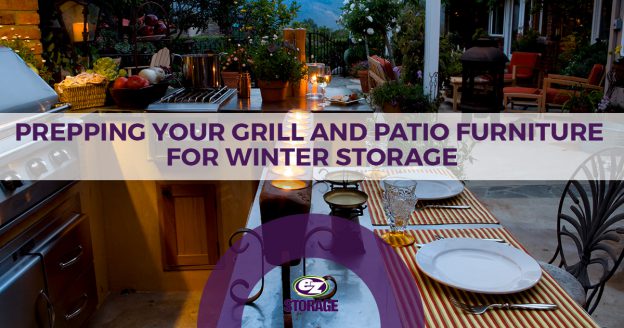 Furnished patio with text "Prepping your grill and patio furniture for winter storage"