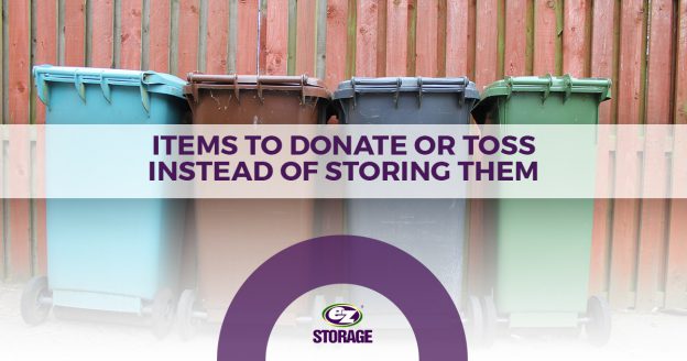 Four colorful recycle bins and text "Item to donate or toss instead of storing them"