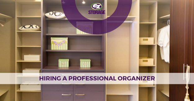 Organized walk in closet and text "Hiring a professional organizer"