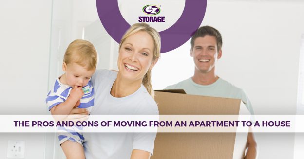 Family of three smiling walking into a room and text "The pros and cons of moving from an apartment to a house"