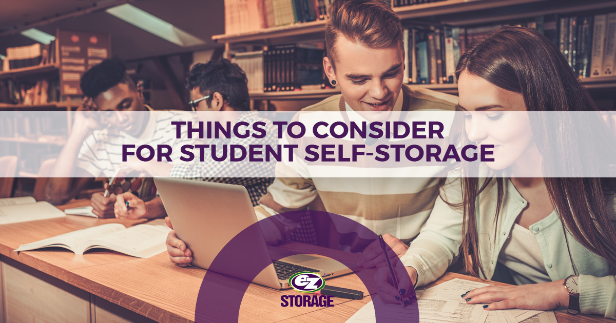 Students studying in a library with text "things to consider for student self-storage"