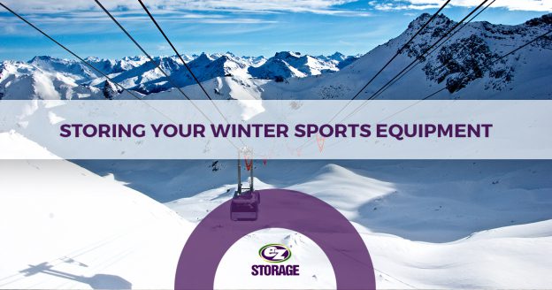 Ski left at a snowy mountain and text "Storing your winter sports equipment"