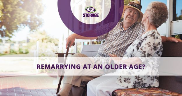 Elderly couple sitting on a bench with text "remarrying at an older age?"