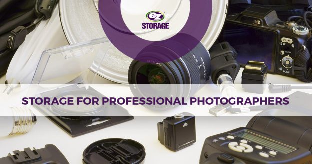 Camera equipment on a table with text "storage for professional photographers"