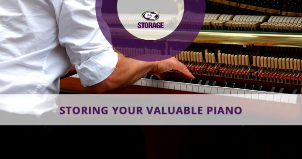 Man playing grand piano with text "storing your valuable piano"