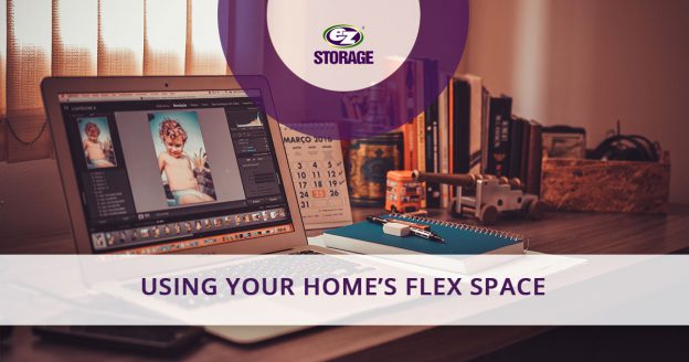 Home office desk and text "Using your home's flex space"