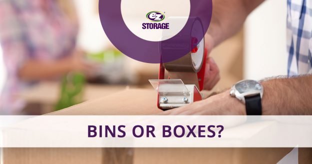 Man taping a box closed with text "bins or boxes?"
