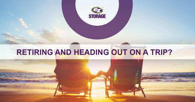 Couple sitting down on the beach holding hand with text "retiring and heading out on a trip?"