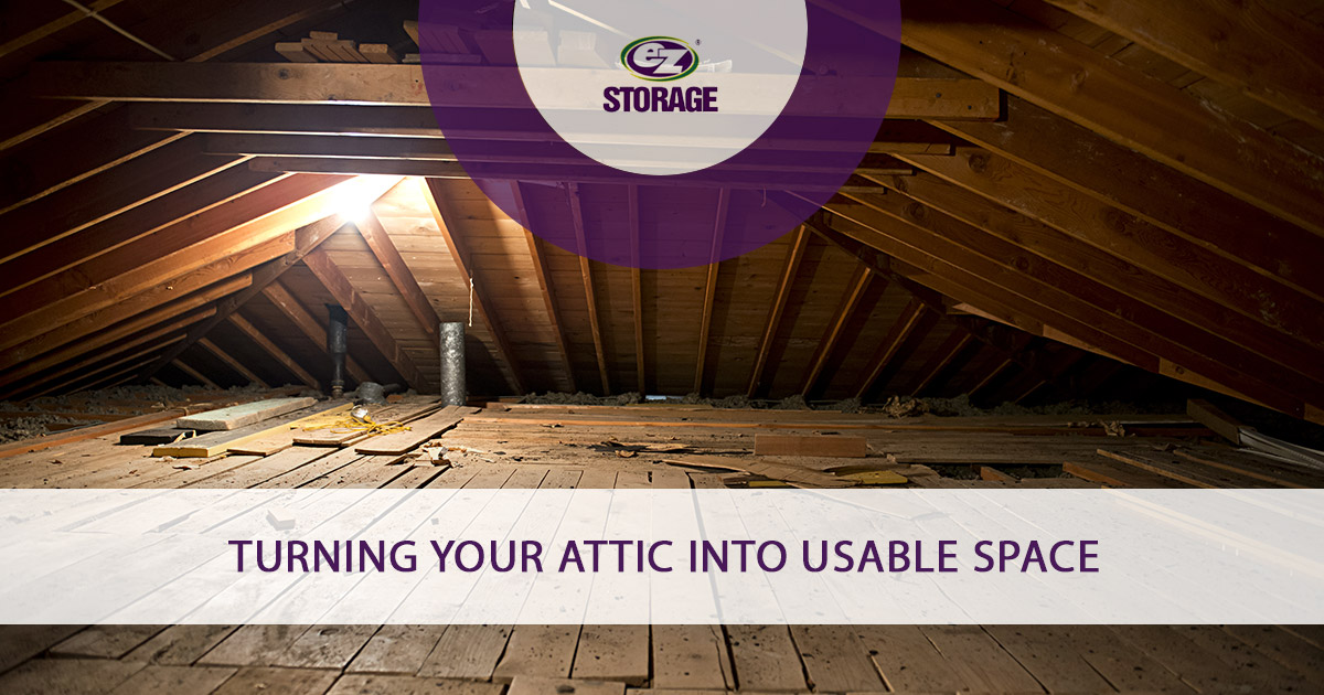 Empty attic with text "turning your attic into usable space"