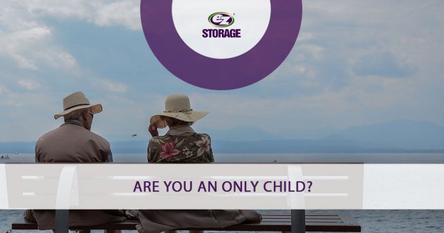 Elderly man and women sitting on a bench and text "Are you an only child?"