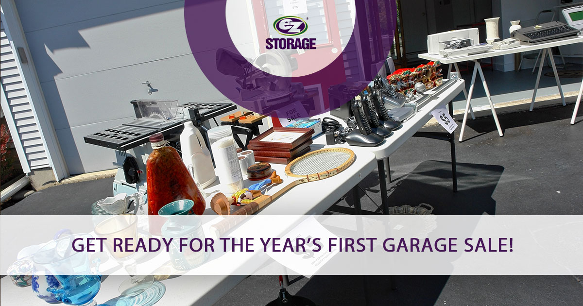 Items on a table for garage sale with text "get ready for the years first garage sale"