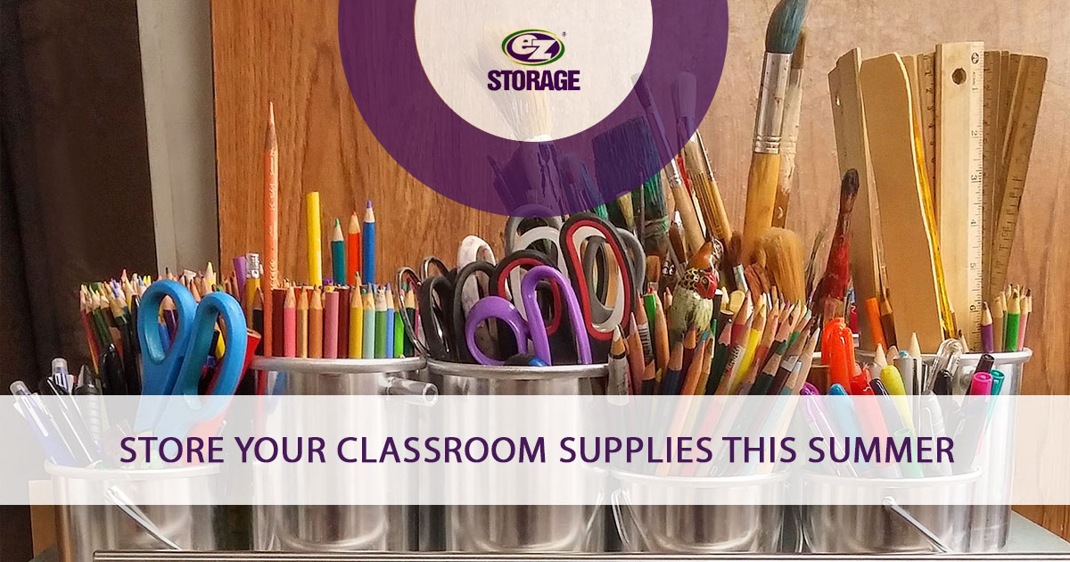 Arts and crafts supplied organized in metal containers and text "Store your classroom supplies this summer"