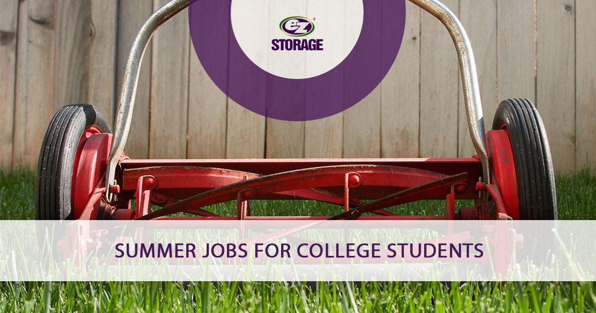 Red manual lawn mower on the grass and text "Summer jobs for college students"