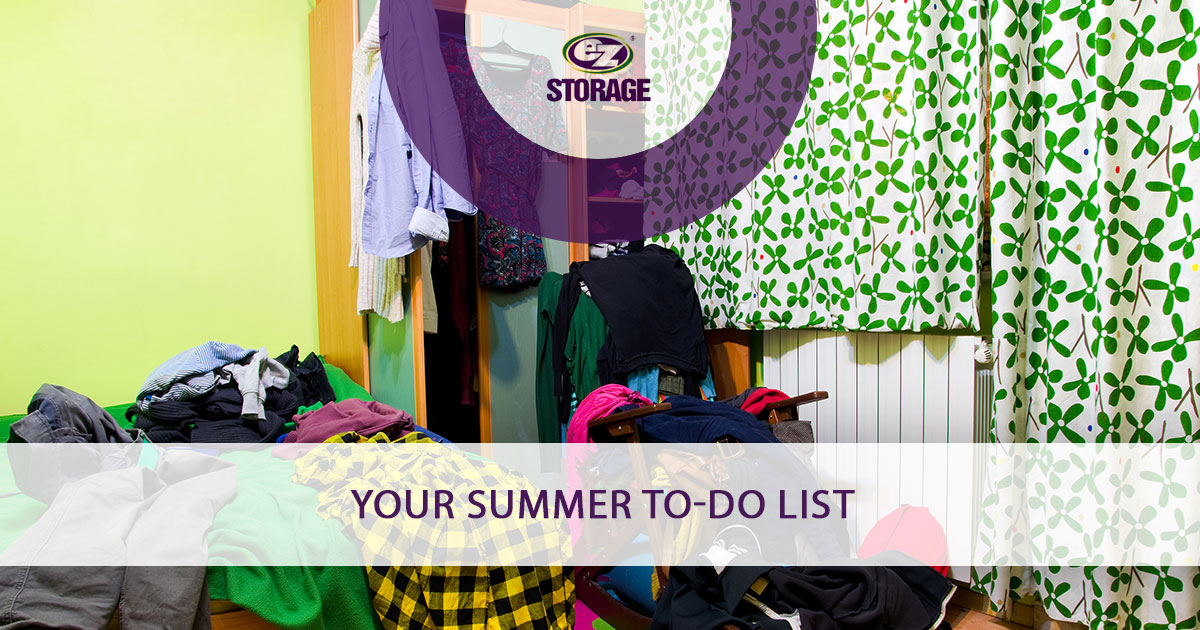 Cluttered bed room and text "Your summer to-do list"
